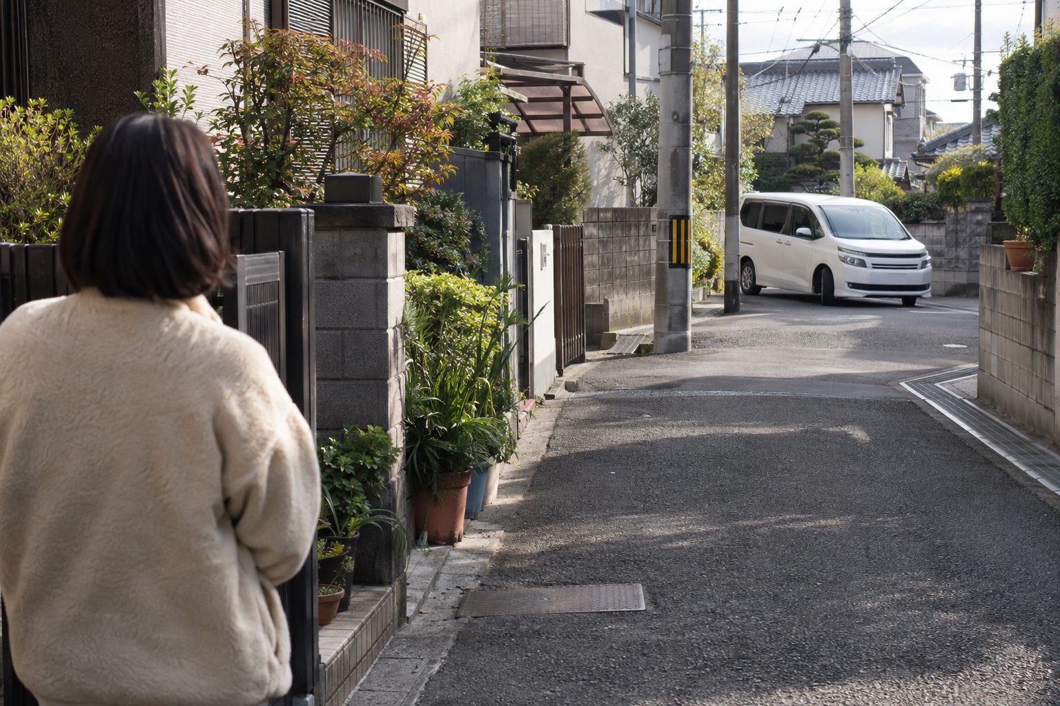 家の前で待つ人の後ろ姿と、角を曲がってくる送迎の車