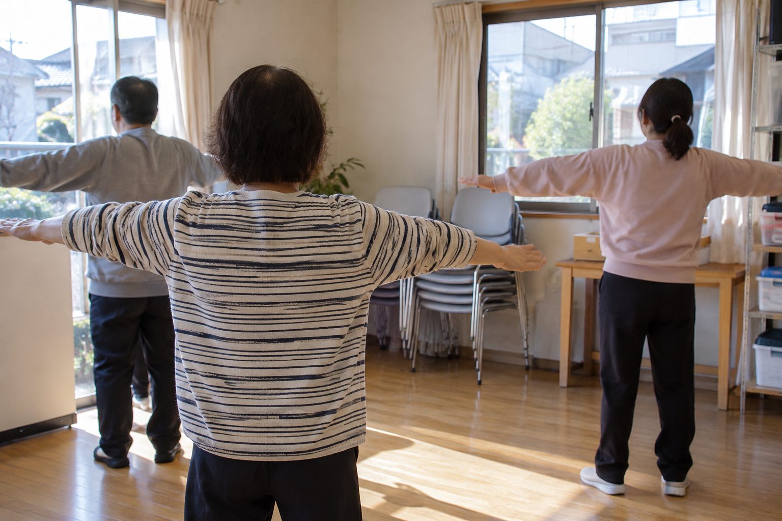 ラジオ体操をする手元と後ろ姿