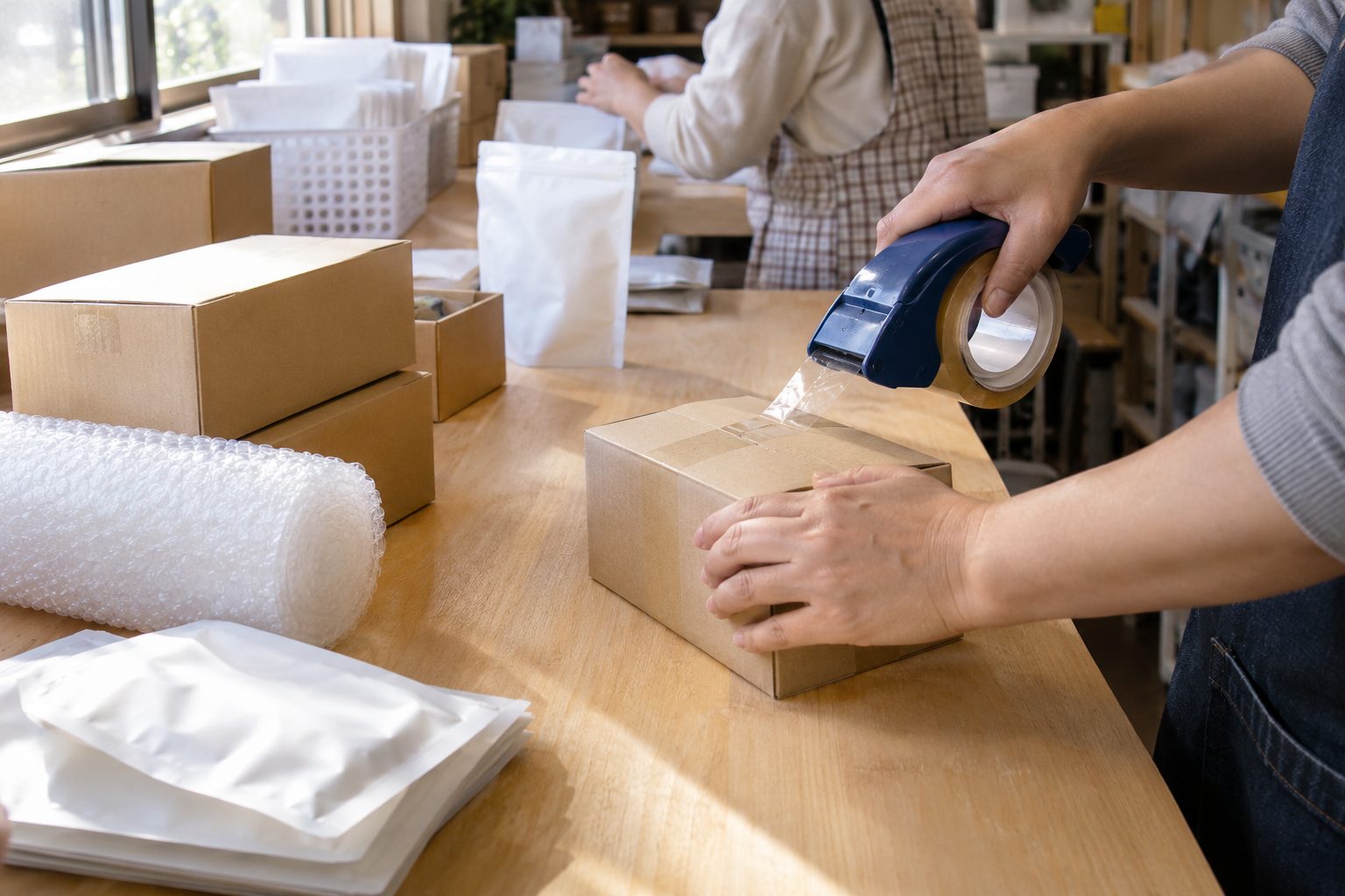 木の作業台で、段ボール箱にテープをかけて梱包している手元。奥でも別の人が作業している