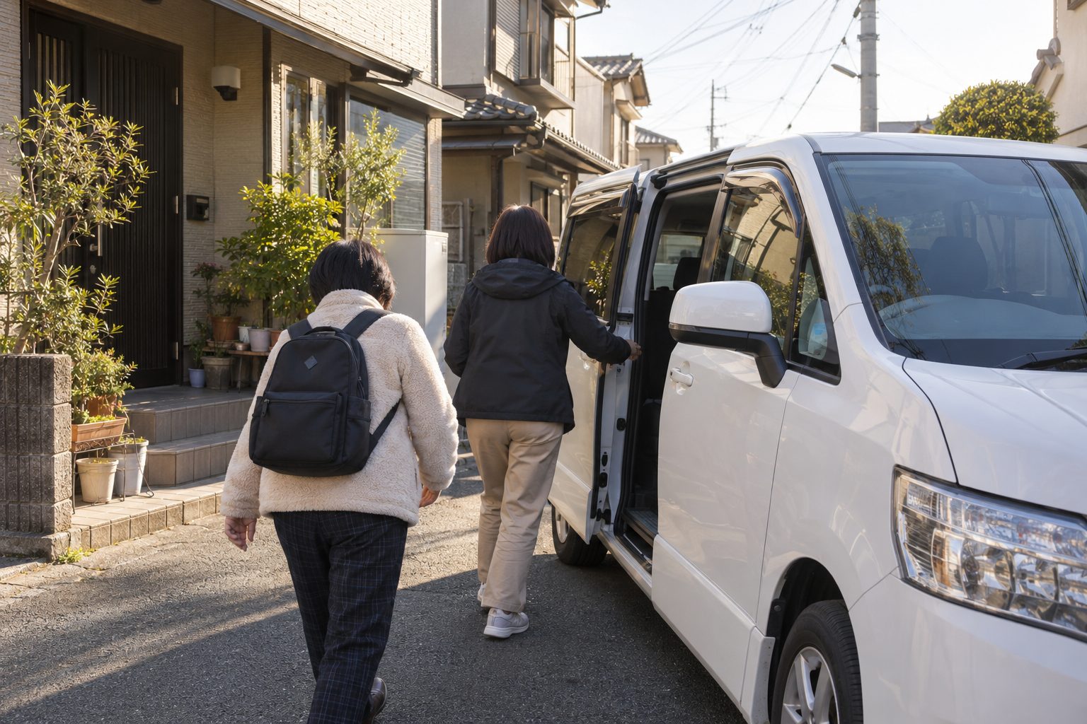 朝の住宅街で、職員が白いミニバンのドアを開け、リュックを背負った利用者が乗り込もうとしている後ろ姿