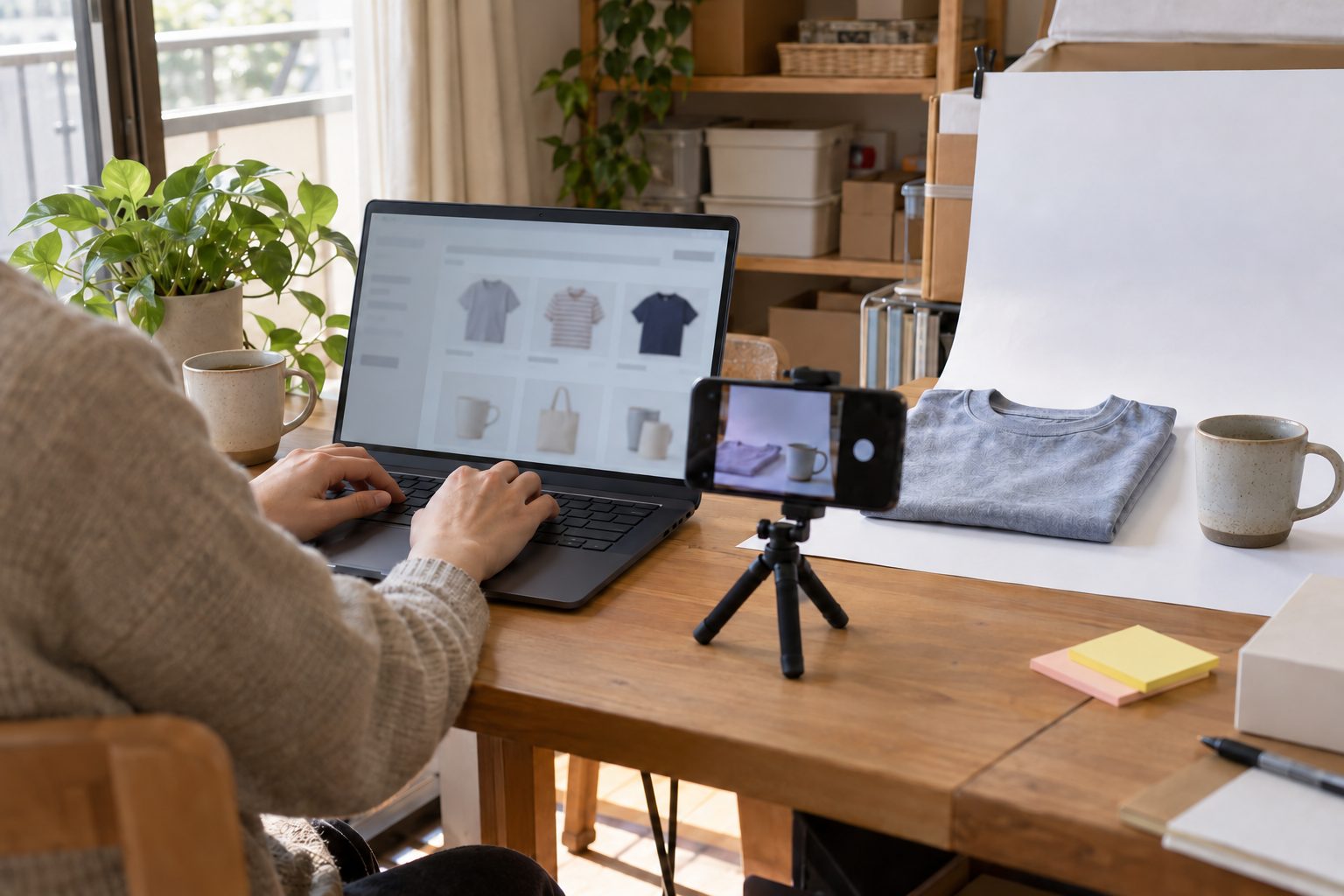 ノートパソコンで商品を登録し、白い紙の上にたたんだ服をスマートフォンで撮影している作業机