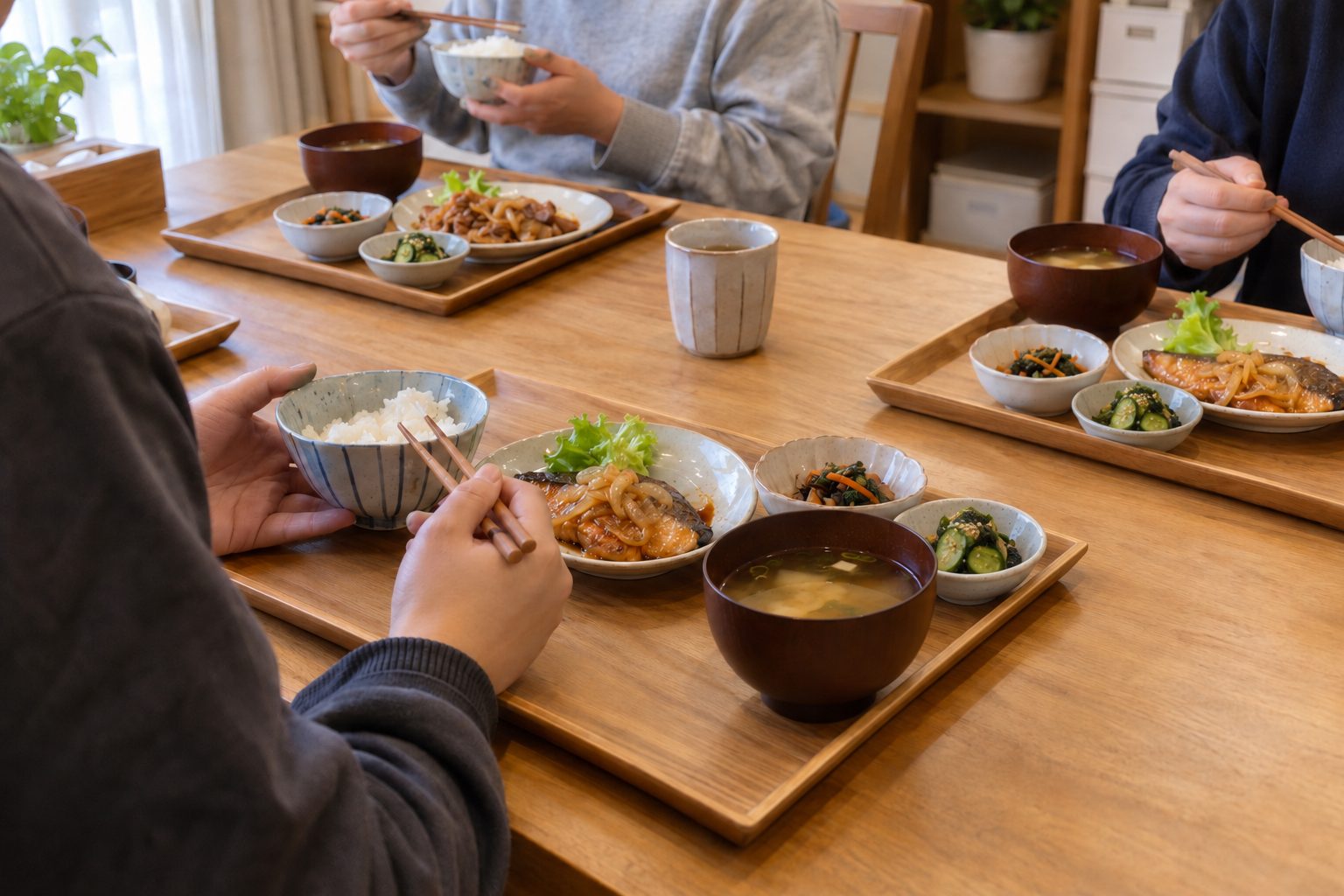 お盆にのった昼ごはん。ご飯・みそ汁・魚の主菜と副菜2品を、テーブルを囲んで食べている手元