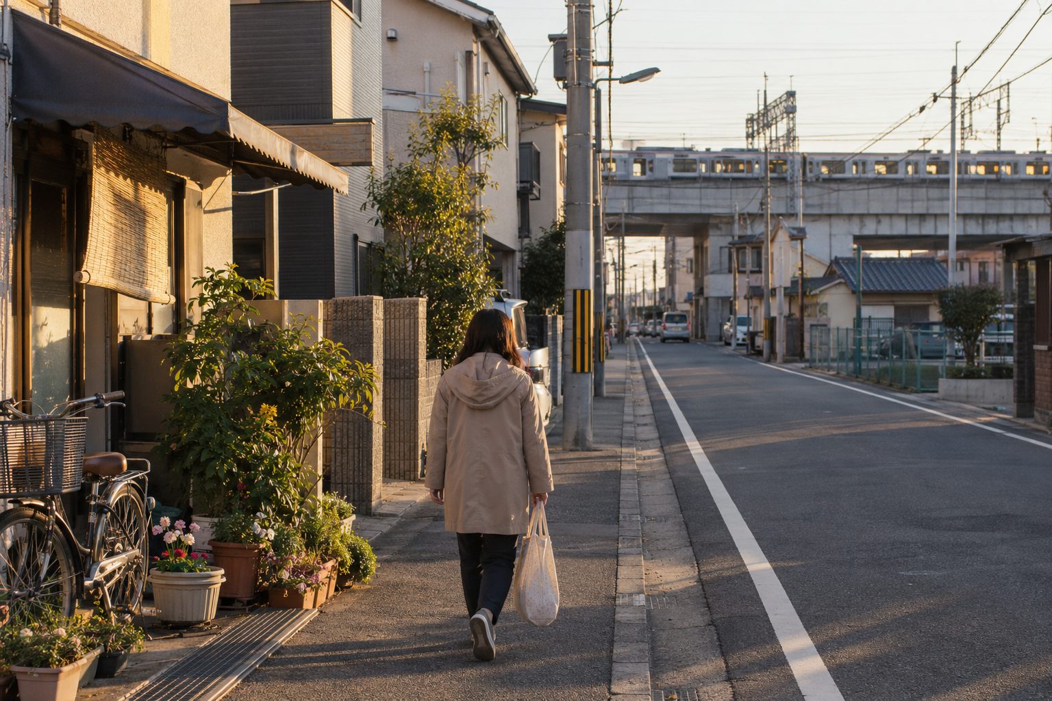 夕方の住宅街の歩道を、買い物袋を提げて歩く人の後ろ姿。道の先に高架の線路が見える
