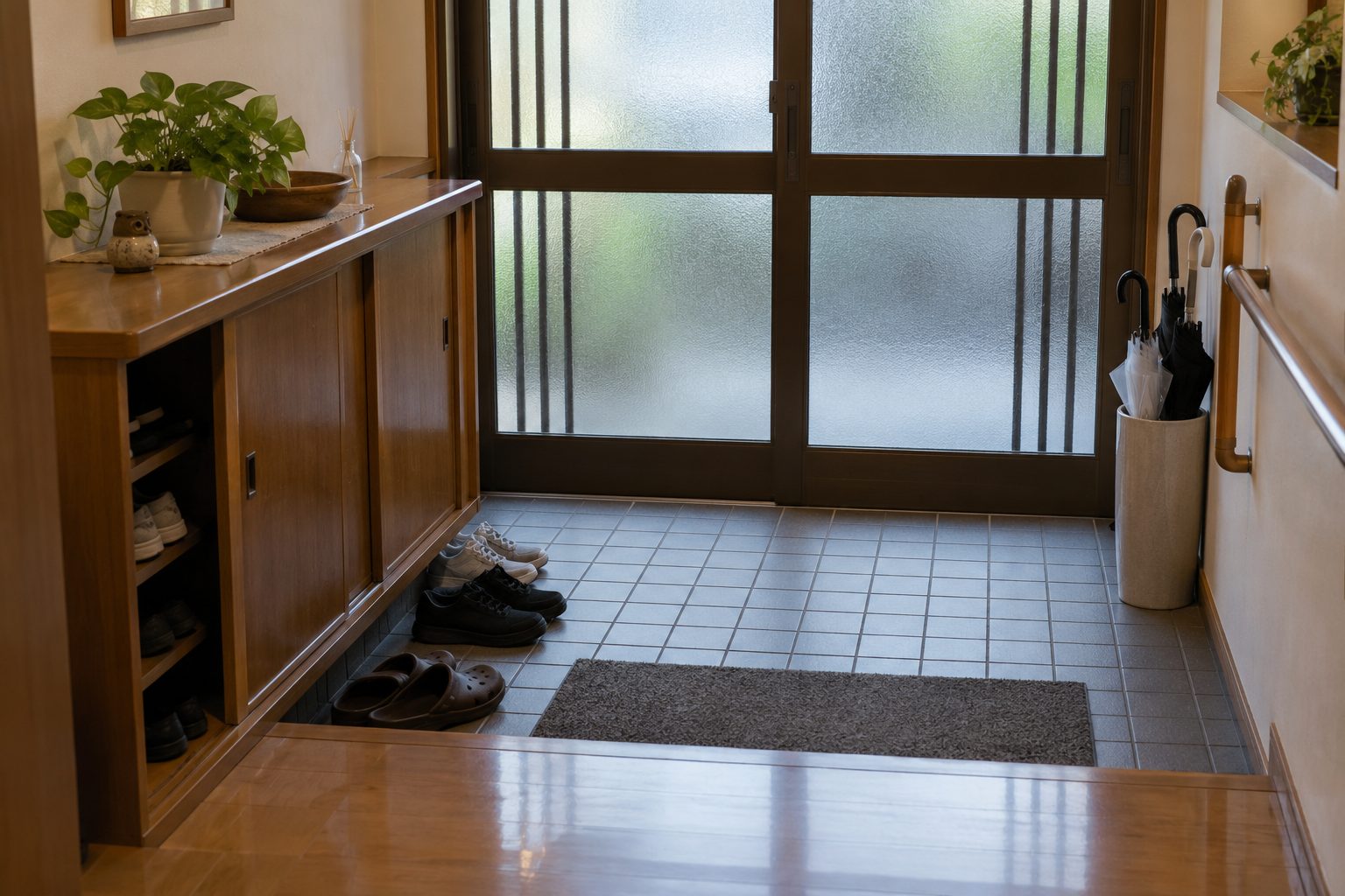 すりガラスの引き戸の玄関。たたきに靴とサンダルが並び、くつ箱の上に鉢植え、壁に手すりと傘立て