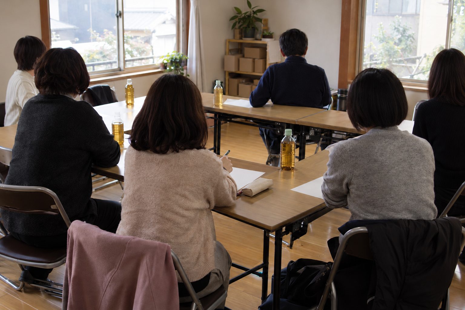 会議室で、ロの字に並べた長机を6〜7人が囲んで話し合っている様子（後ろ姿・肩から下）