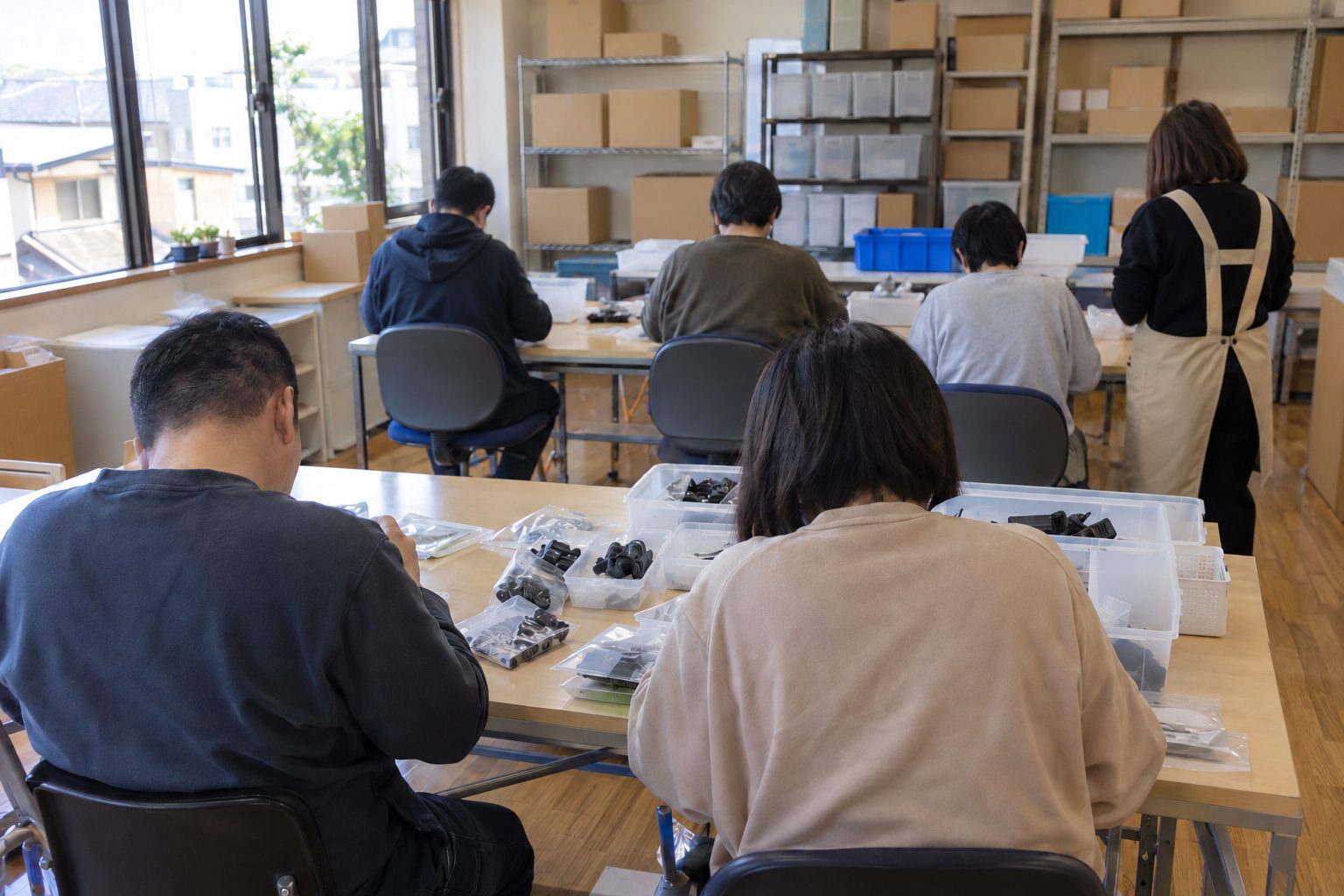明るい作業室で、長机に並んで座った5人が小さな部品を袋に入れている後ろ姿。奥にエプロンの職員が立ち、棚に段ボール箱が並ぶ